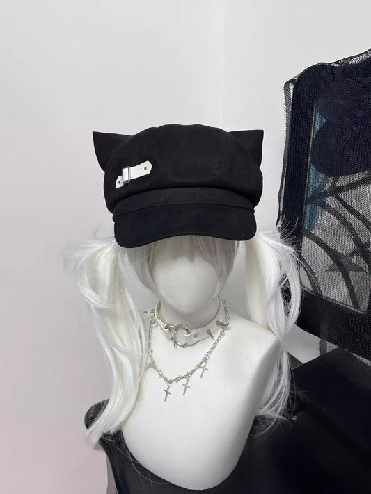 Black suede cat ear newsboy cap with white side leather buckle, Harajuku style