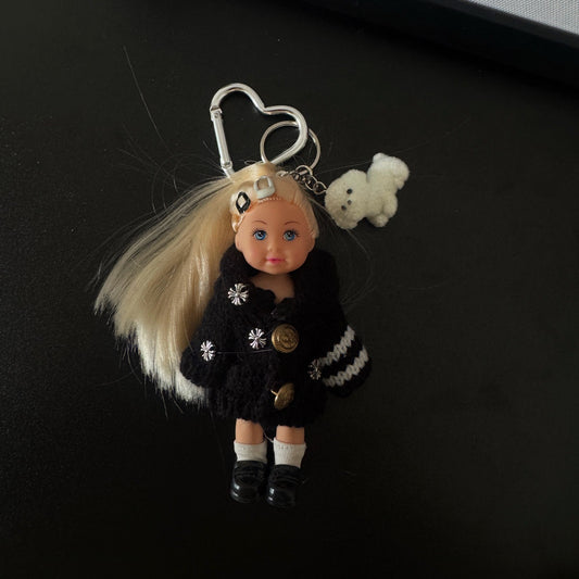 Handmade Barbie doll bag charm & car keychain with gold hair, luxury and cute accessory for Miu Miu, Chanel, Prada, LV, Coach, Balenciaga, Fendi, Loewe bags, perfect gift.