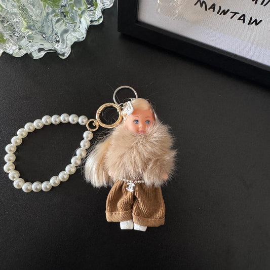 Handmade Barbie princess fur bag charm, chic and luxurious winter accessory for Miu Miu, Chanel, Prada, LV, Coach, Balenciaga, Fendi, Loewe bags, perfect winter gift.
