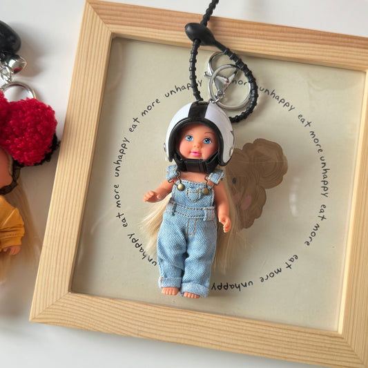 Handmade Barbie doll bag charm with helmet, cute and unique accessory for Miu Miu, Prada, LV, Coach, Balenciaga, Fendi, Loewe bags, trendy gift idea.