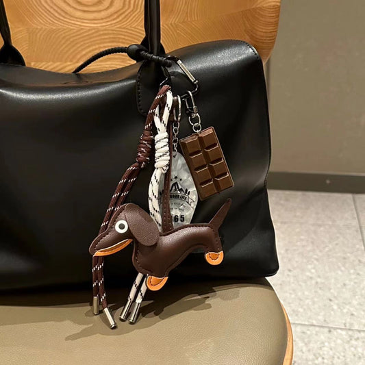 Handmade leather dachshund bag charm, cute and unique accessory for Miu Miu, Chanel, Prada, LV, Coach, Balenciaga, Fendi, Loewe bags, perfect gift.