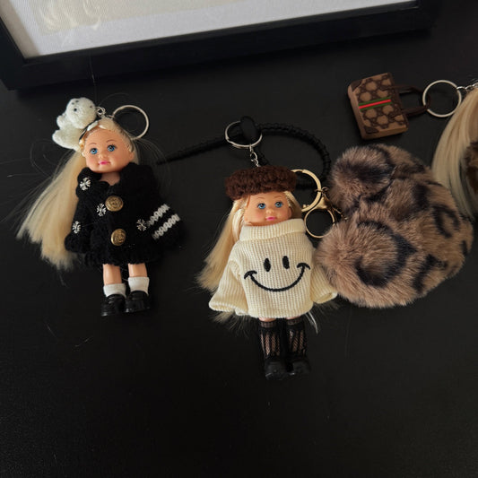 Handmade Barbie doll bag charm & car keychain with gold hair, luxury and cute accessory for Miu Miu, Chanel, Prada, LV, Coach, Balenciaga, Fendi, Loewe bags, perfect gift.