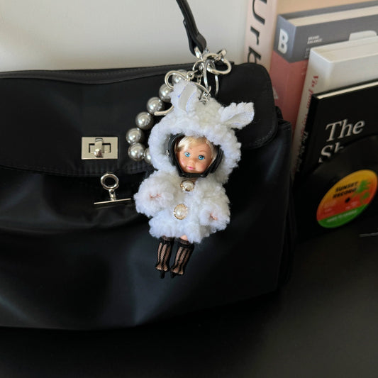 Handmade Barbie doll bag charm with gold hair and pearls, luxury accessory for Miu Miu, Chanel, Prada, LV, Coach, Balenciaga, Fendi, Loewe bags, perfect gift.