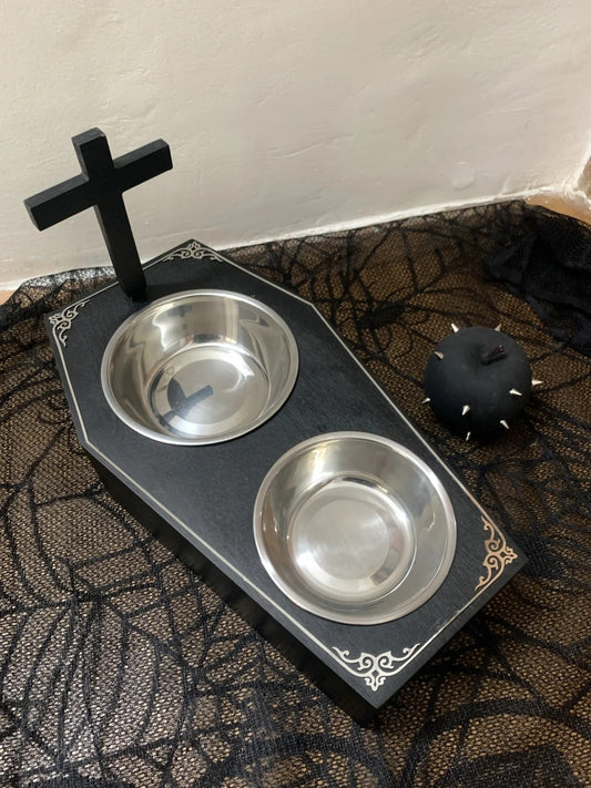 Handmade Gothic Wooden Coffin Cat Bowl
