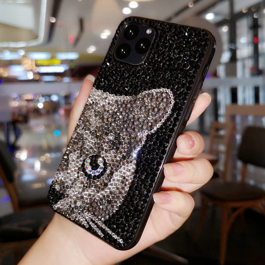 Handcrafted Rhinestone Black Cat iPhone Case with a stylish, sparkling design, perfect for adding a luxurious touch to your phone.
