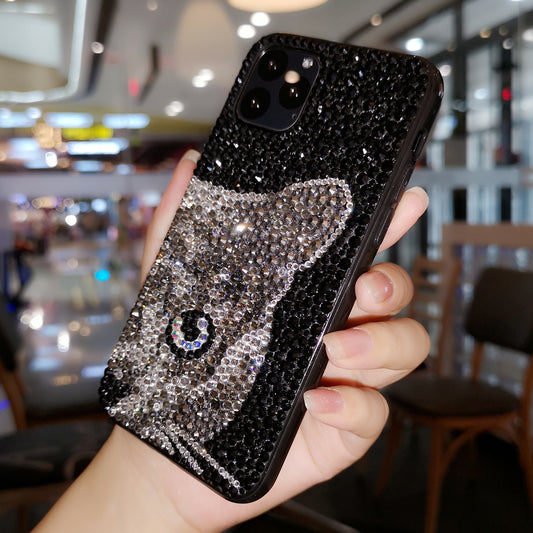Handcrafted rhinestone iPhone case with a cat design on a sleek black background, offering a luxurious and sparkling accessory for your phone.