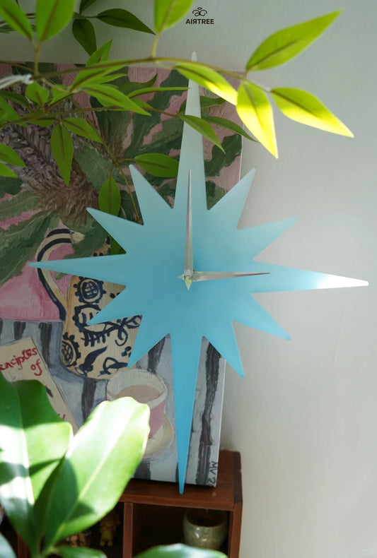 Blue acrylic wall clock with 12-pointed star shape, bold geometric design for modern home decor.