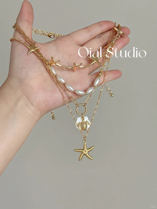 golden-ocean-4-piece-layered-necklace-set-starfish-pearl-beach-vacation-jewelry-clearance