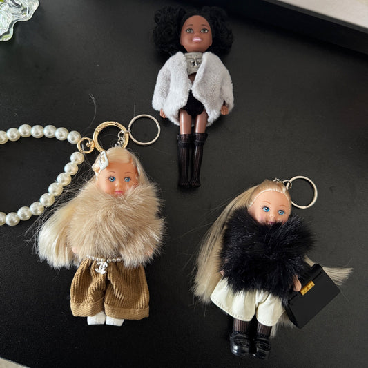 Handmade Barbie princess fur bag charm, chic and luxurious winter accessory for Miu Miu, Chanel, Prada, LV, Coach, Balenciaga, Fendi, Loewe bags, perfect winter gift.
