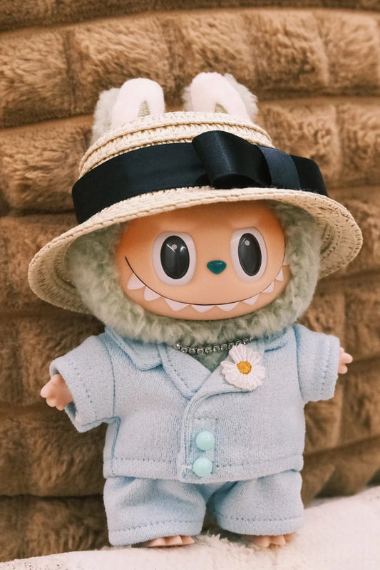 Mint green Labubu doll clothes set featuring handmade suit, hat, necklace, and shoes, inspired by G-Dragon concert style – exclusive limited edition collectible fashion accessory