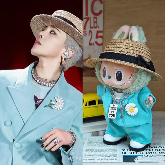 Mint green Labubu doll clothes set featuring handmade suit, hat, necklace, and shoes, inspired by G-Dragon concert style – exclusive limited edition collectible fashion accessory