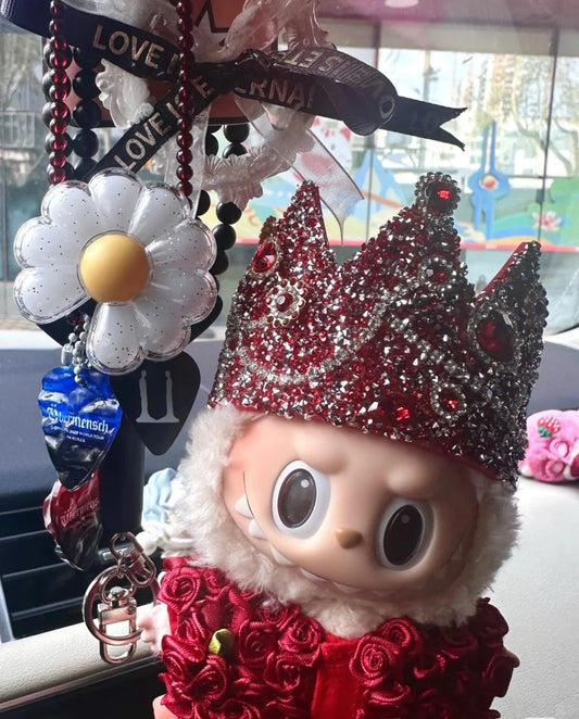 Exclusive red Labubu clothes set featuring a rose crown, matching red outfit, necklace, and leather shoes – handmade fashion doll outfit for stylish collectors.