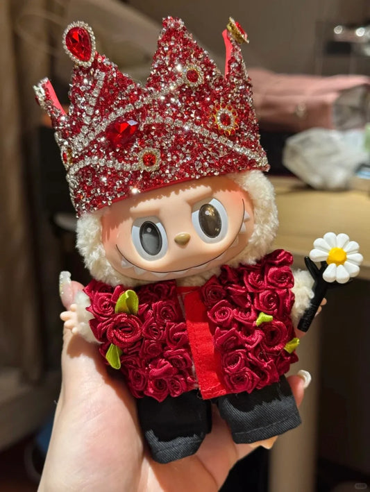 Exclusive red Labubu clothes set featuring a rose crown, matching red outfit, necklace, and leather shoes – handmade fashion doll outfit for stylish collectors.