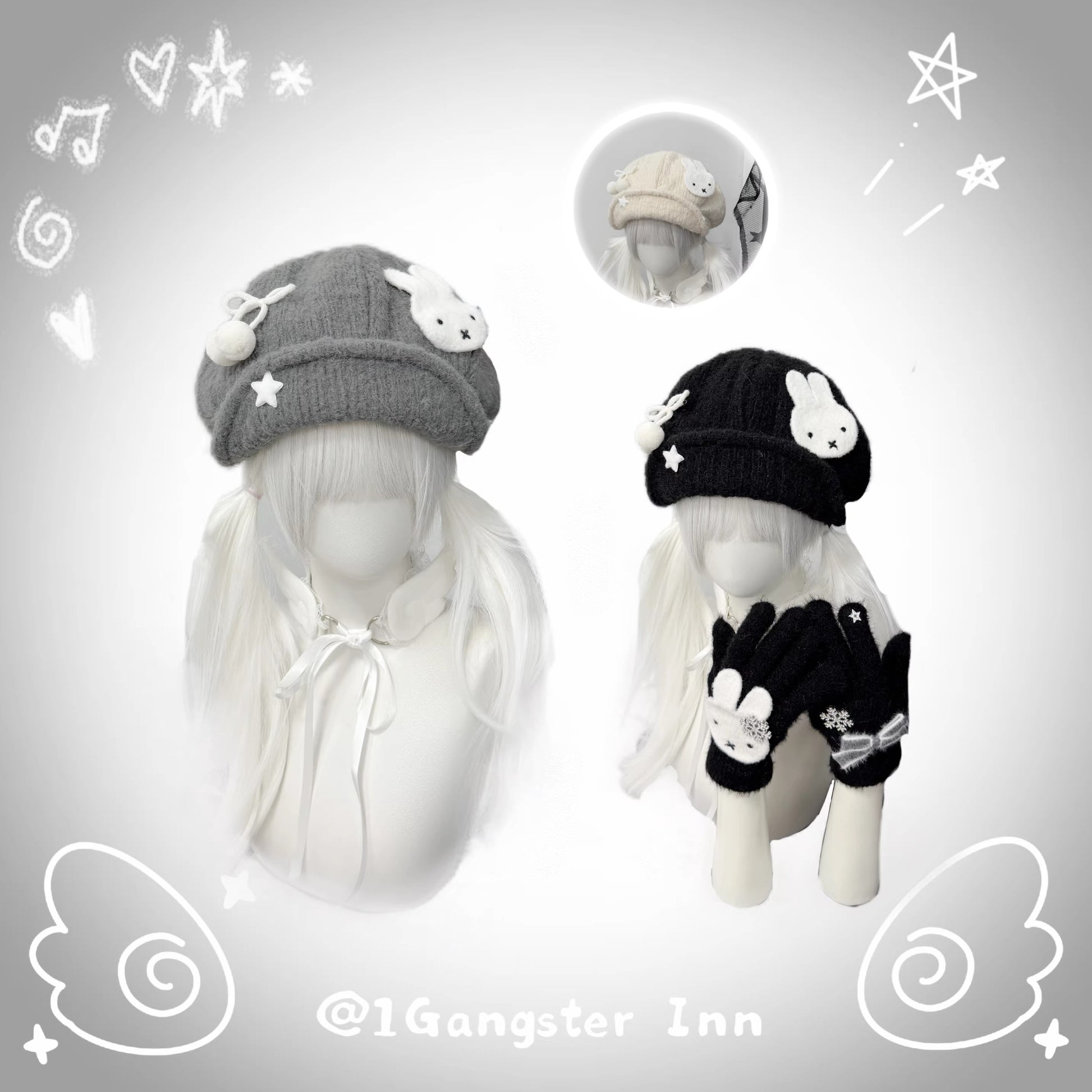 Two mannequins wearing knit hats with cartoon rabbit faces on a light gray background.