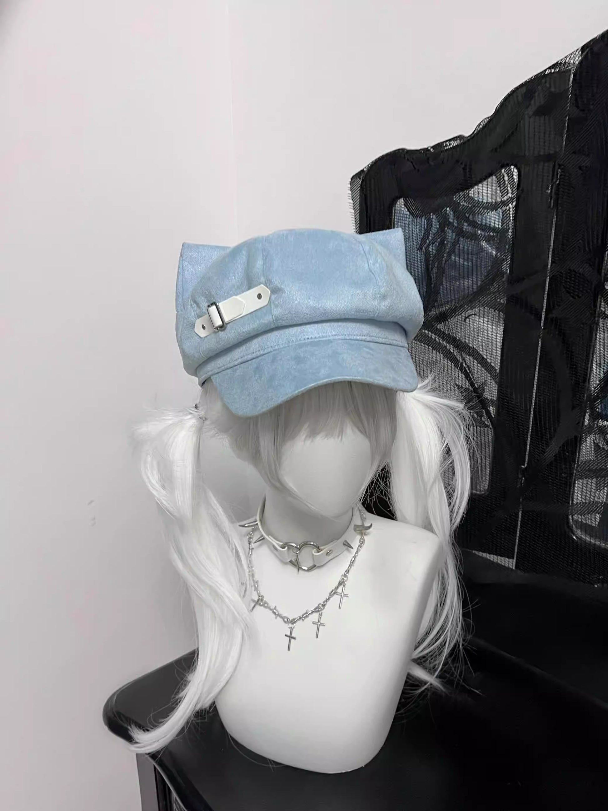 Blue suede cat ear newsboy cap with white side leather buckle, Harajuku style