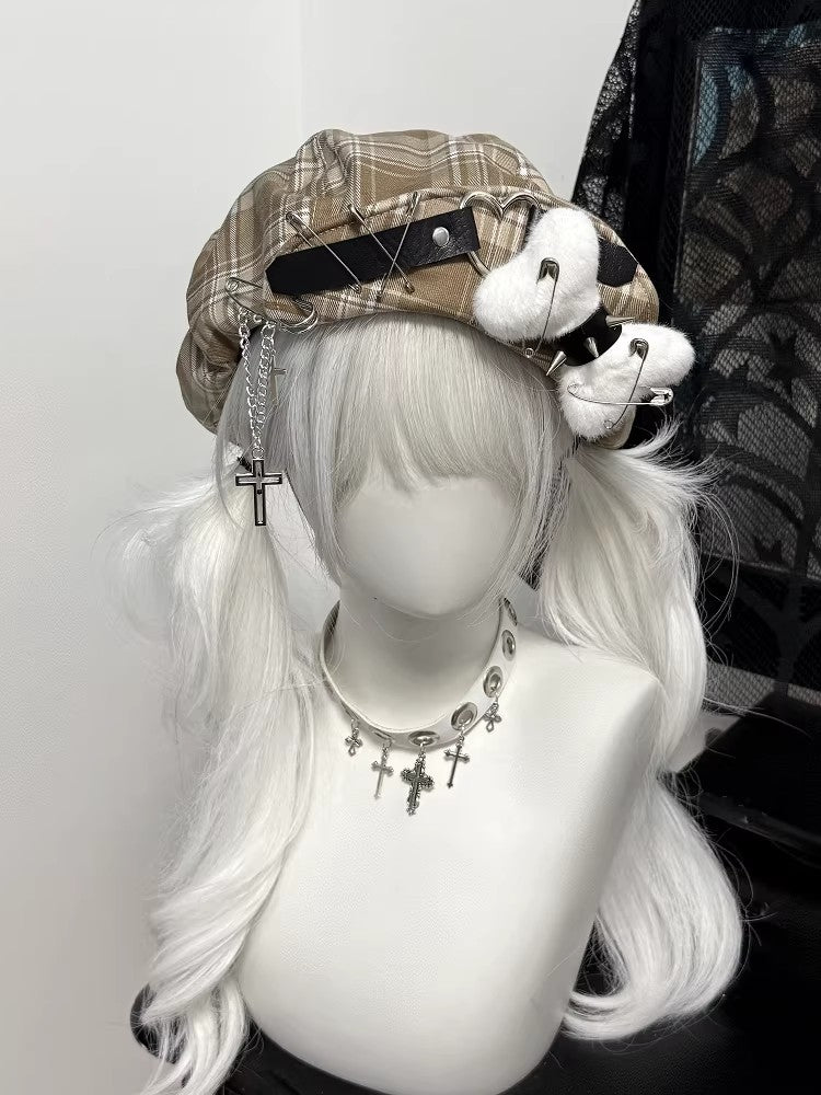 Coffee plaid punk beret with heart buckle strap, white plush bow, and cross charm.