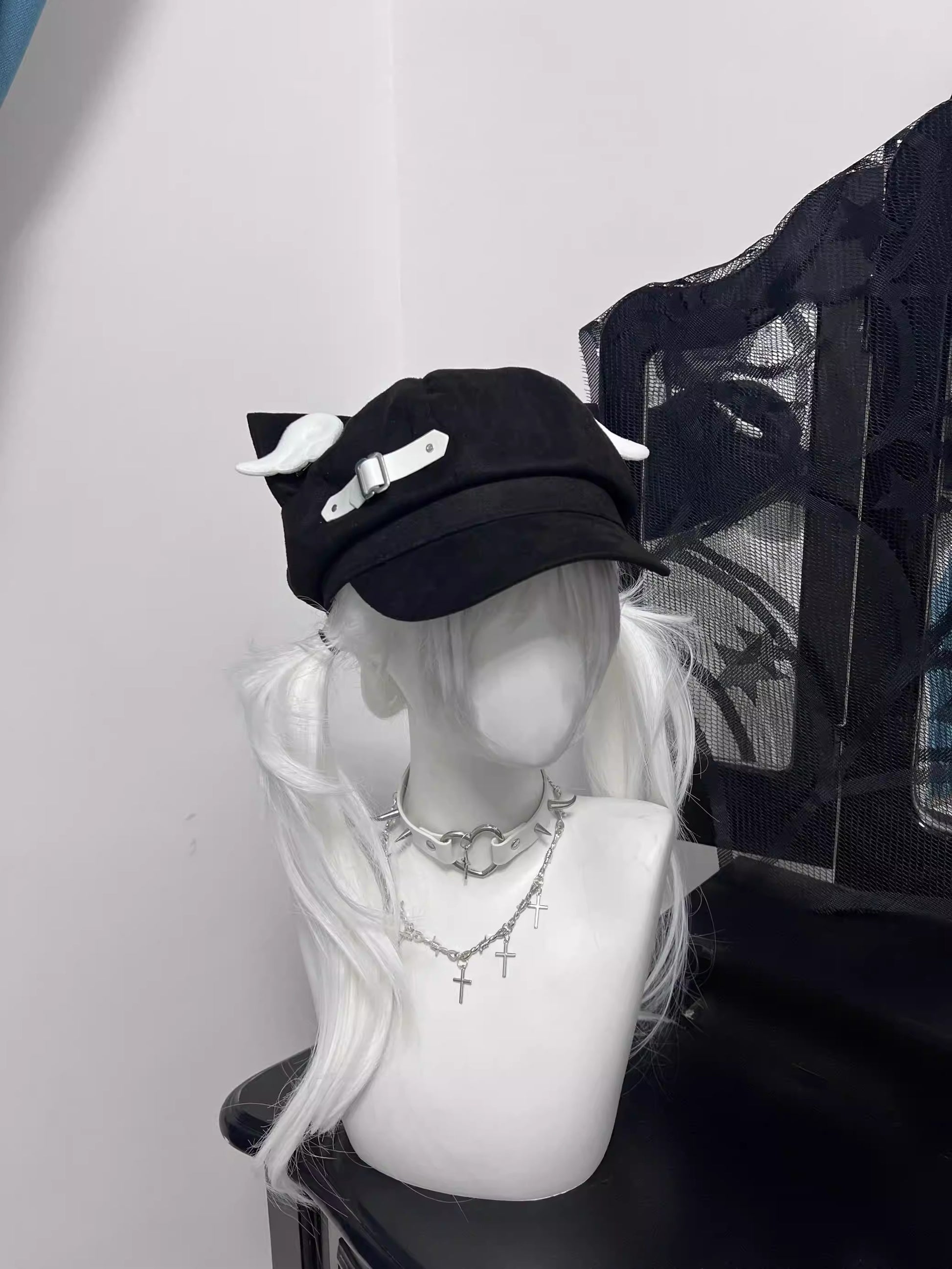 Black suede cat ear newsboy cap with white side leather buckle, Harajuku style