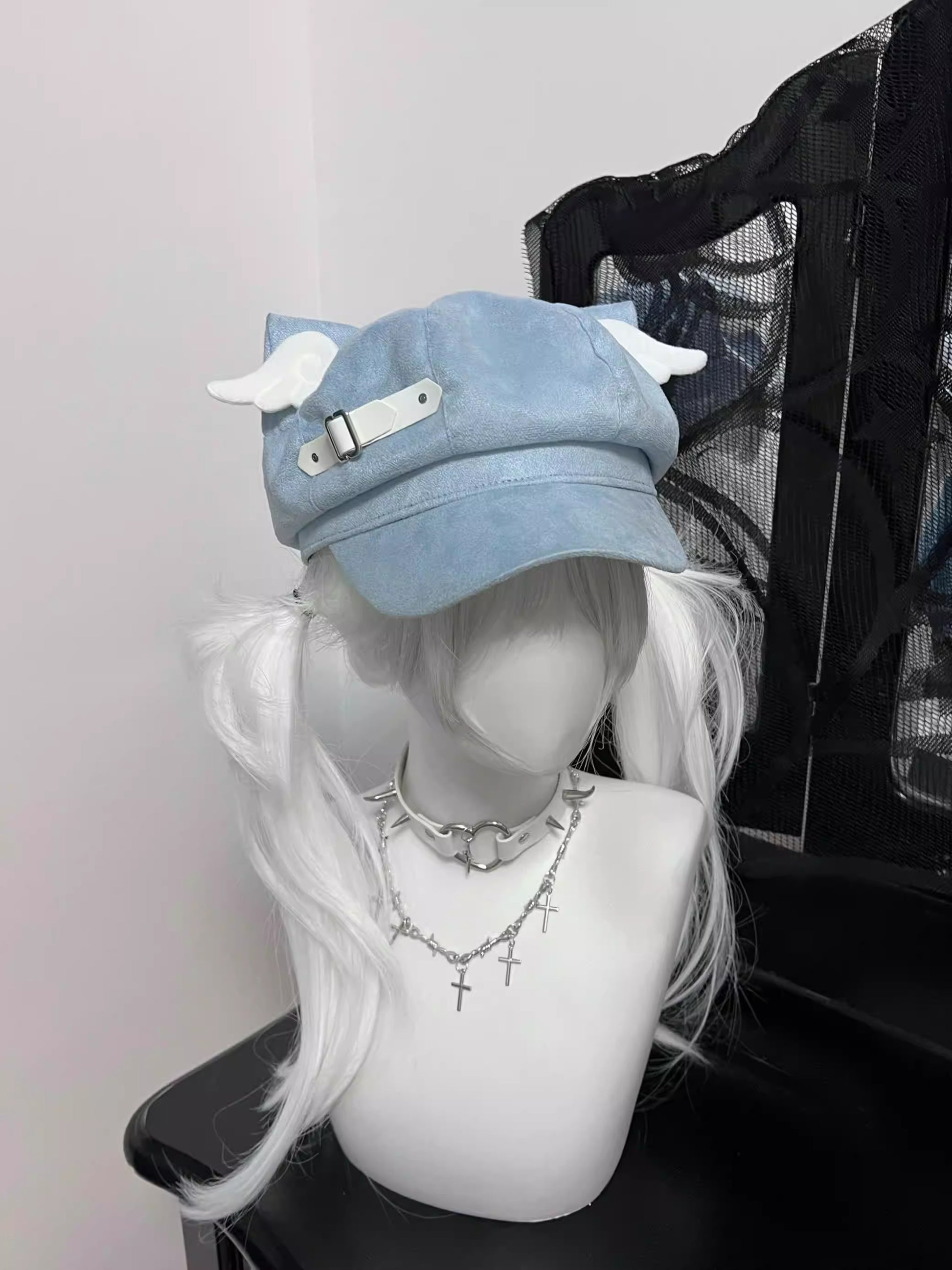 Blue suede cat ear newsboy cap with white side leather buckle, Harajuku style