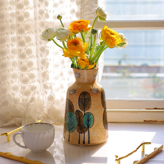 Handmade ceramic hand-painted flower and bird vase,Pastoral