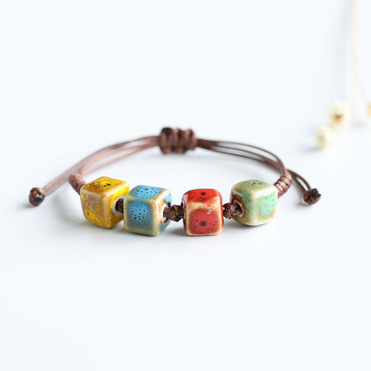 Handmade Ceramic Floral Glaze Rainbow Bead Braided Bracelet