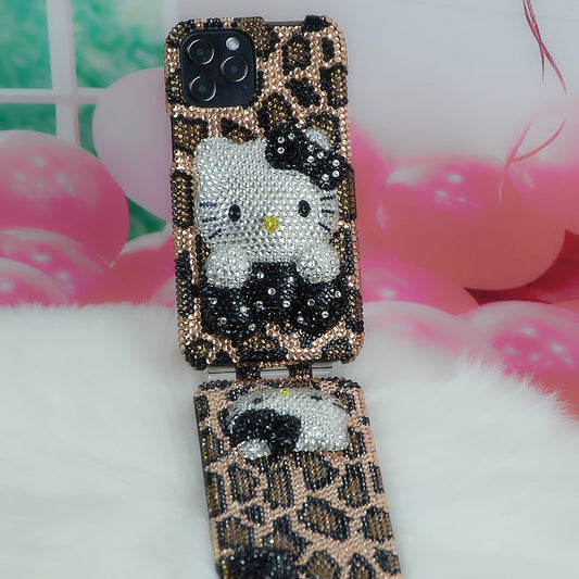 Handcrafted Rhinestone Leopard Print Hello Kitty Full-Cover Flip Phone Case