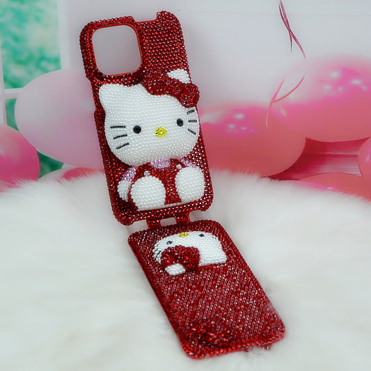 Handcrafted Rhinestone Hello Kitty Red Full-Cover Flip Phone Case