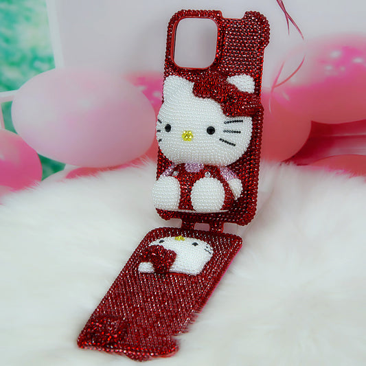 Handcrafted Rhinestone Hello Kitty Red Full-Cover Flip Phone Case