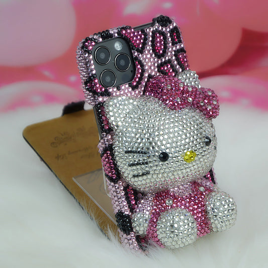 Handcrafted Rhinestone Sitting Hello Kitty Full-Cover Flip Phone Cas