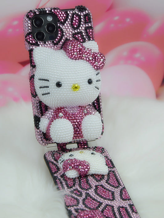 Handcrafted Rhinestone Sitting Hello Kitty Full-Cover Flip Phone Cas