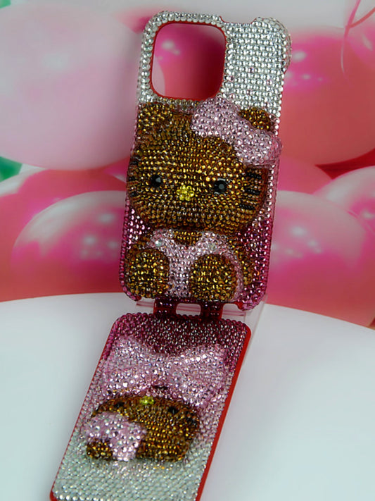 Handcrafted Rhinestone Tanned Hello Kitty Full-Cover Flip Phone Case