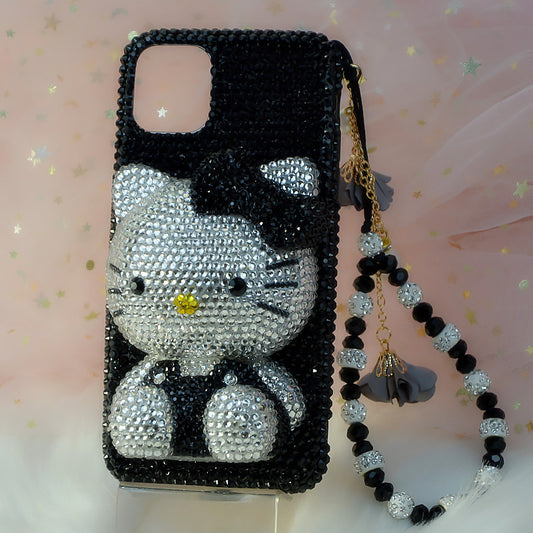 Handcrafted Rhinestone White Hello Kitty Black Phone Case with Chain