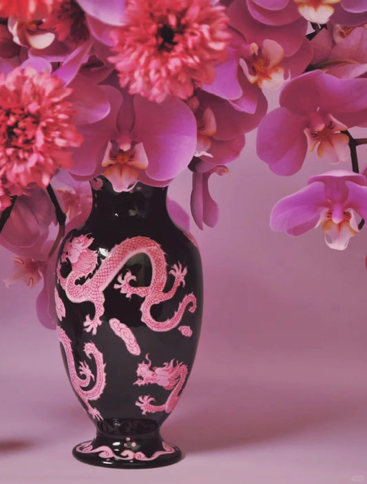 Handcrafted Pink Dragon Black Vase