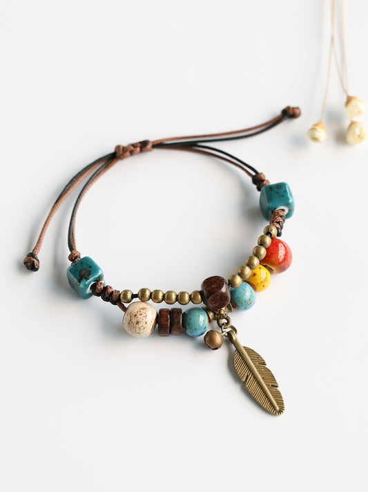 Handmade Ceramic Feather Double Layer Bracelet