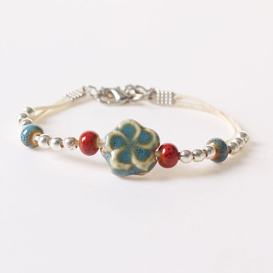 Handmade Ceramic Flower Silver Bracelet