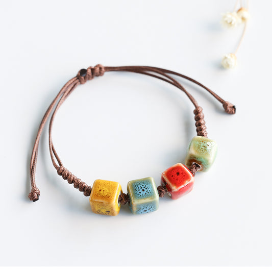 Handmade Ceramic Floral Glaze Rainbow Bead Braided Bracelet