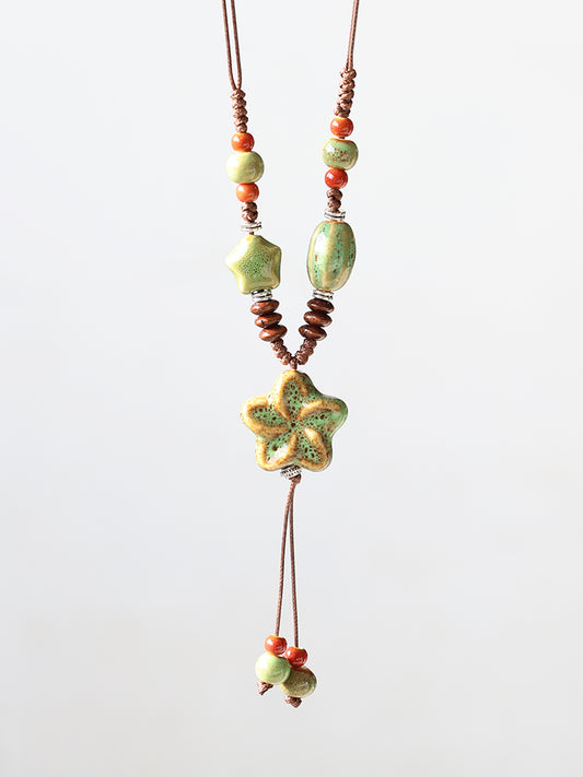 Handmade Ceramic Flower Long Necklace