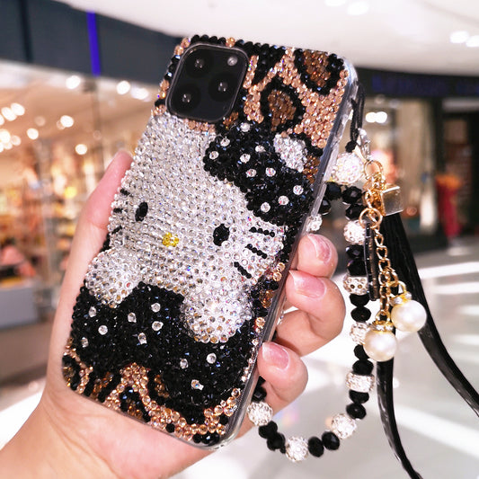 Handcrafted Rhinestone Leopard-Print 3D Hello Kitty iPhone Case