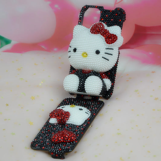 Handcrafted Rhinestone Red Bow Hello Kitty Black Full-Cover Flip Phone Case