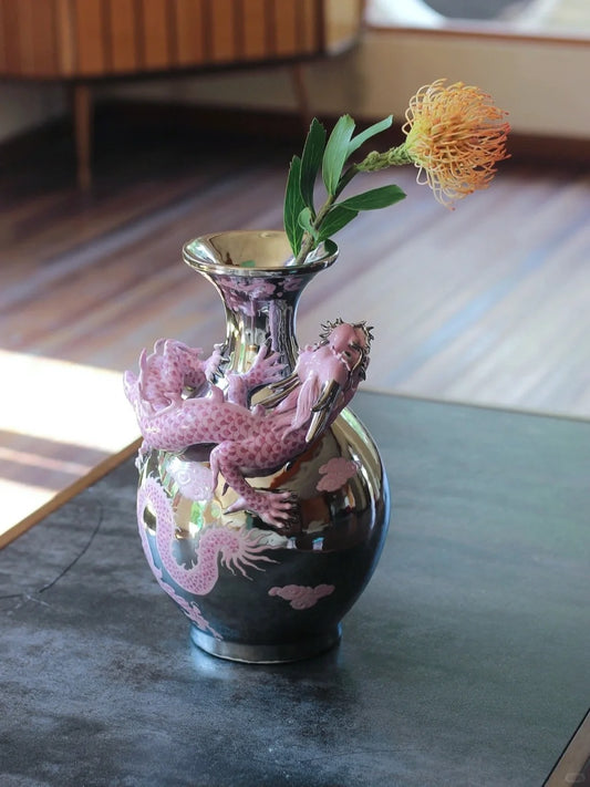 Pink Dragon Encircling Silver Vase