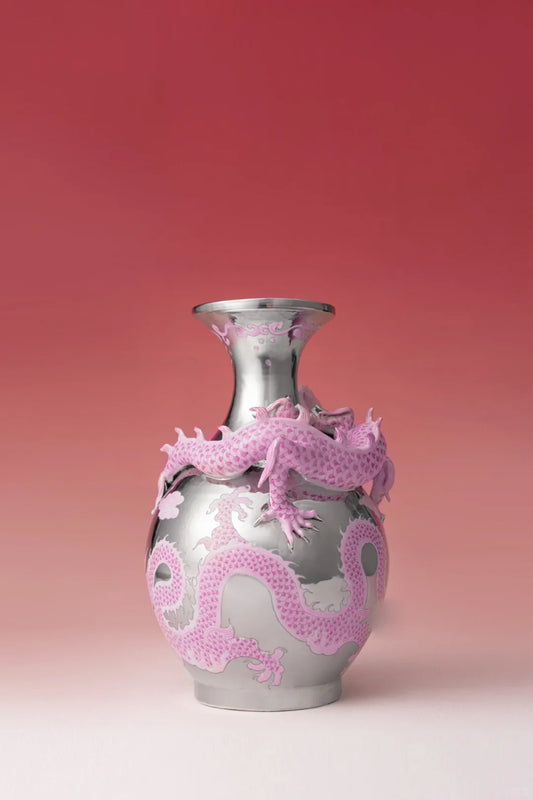 Pink Dragon Encircling Silver Vase