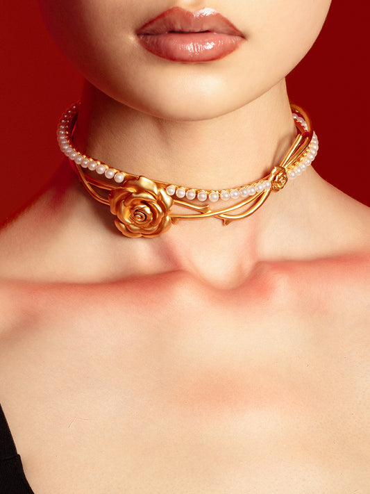 Thorn Rose Pearl Double Choker