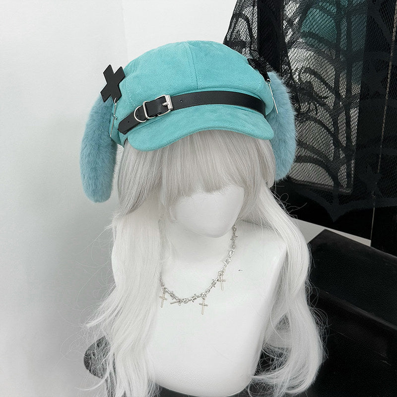 Mint green newsboy cap with long plush puppy ears, a black leather belt buckle, and metal cross charms, Hatsune Miku inspired aesthetic.