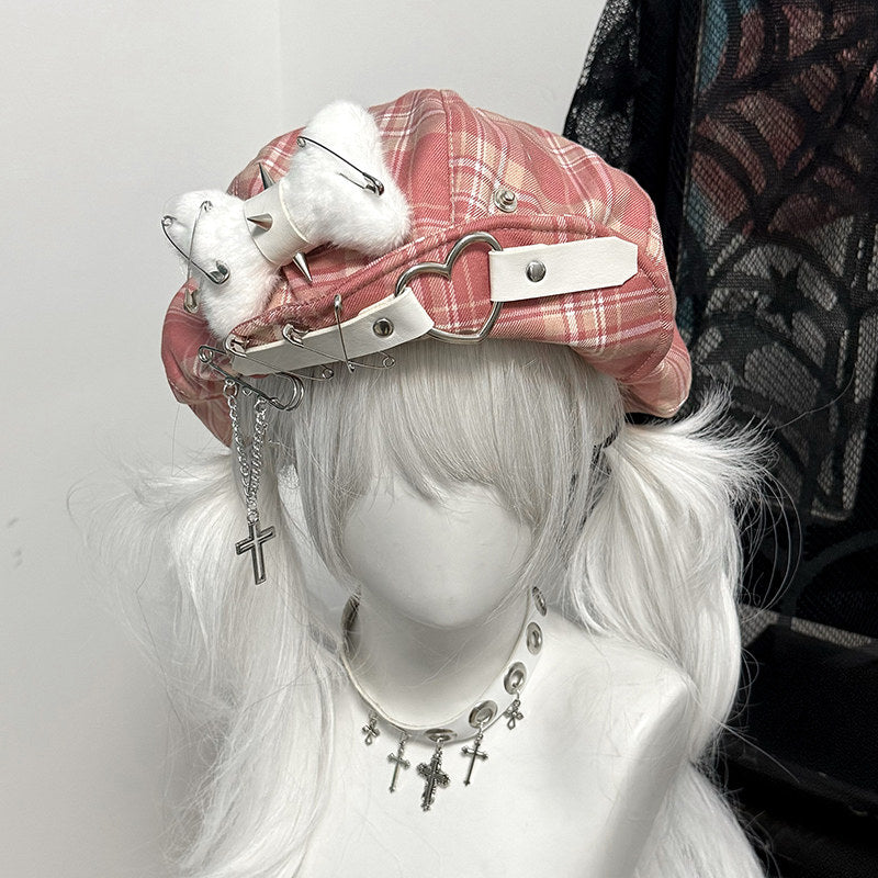 Pink plaid Jirai Kei style beret with studded white bow and silver cross pendant.