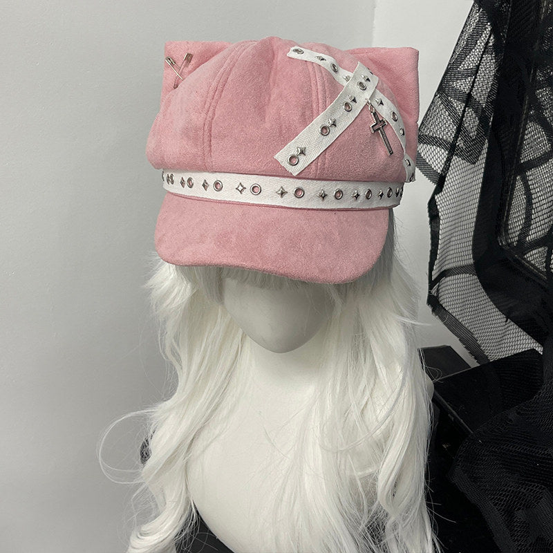 Pastel blue cat ear newsboy cap with white grommet webbing, Cyber-pop style.