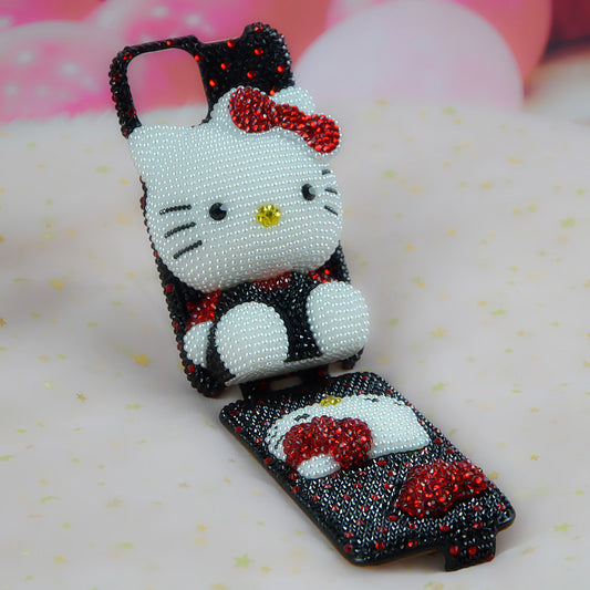 Handcrafted Rhinestone Red Bow Hello Kitty Black Full-Cover Flip Phone Case