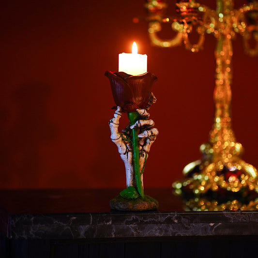 Skull Hand with Rose Candle Holder