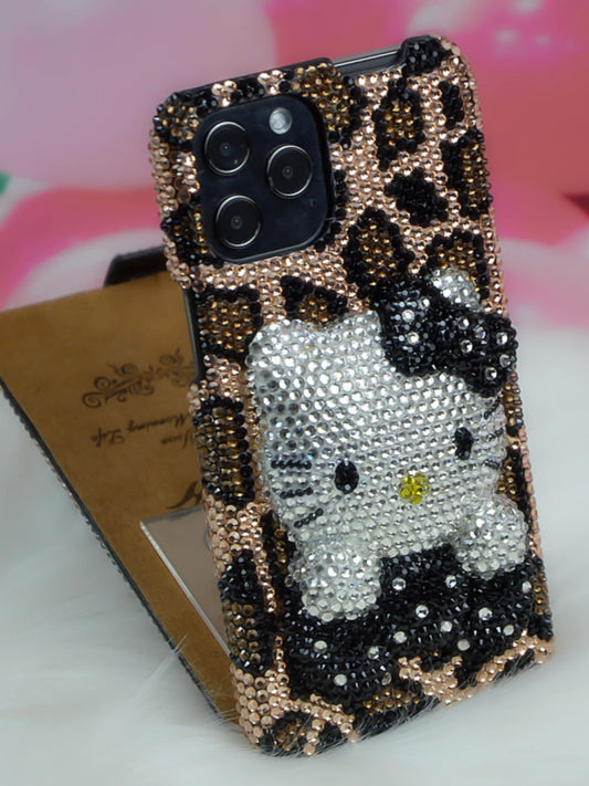 Handcrafted Rhinestone Leopard Print Hello Kitty Full-Cover Flip Phone Case