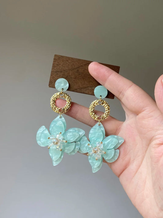 Ice Blue Resin Flower Earrings