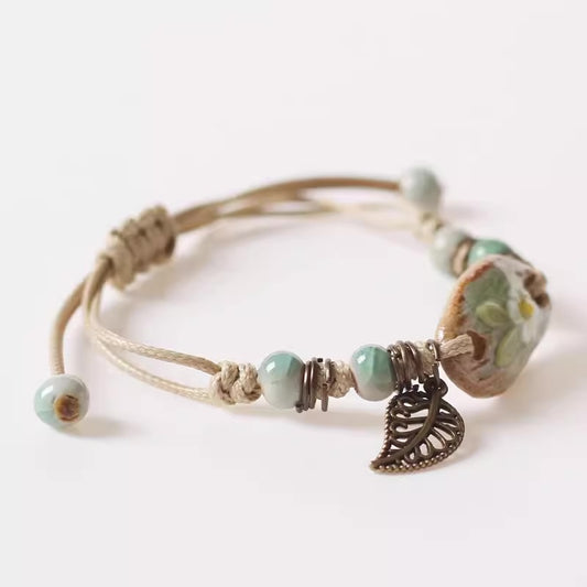 Handmade Ceramic Flower Braided Bracelet