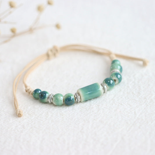 Handmade Ceramic Beaded Green Braided Bracelet